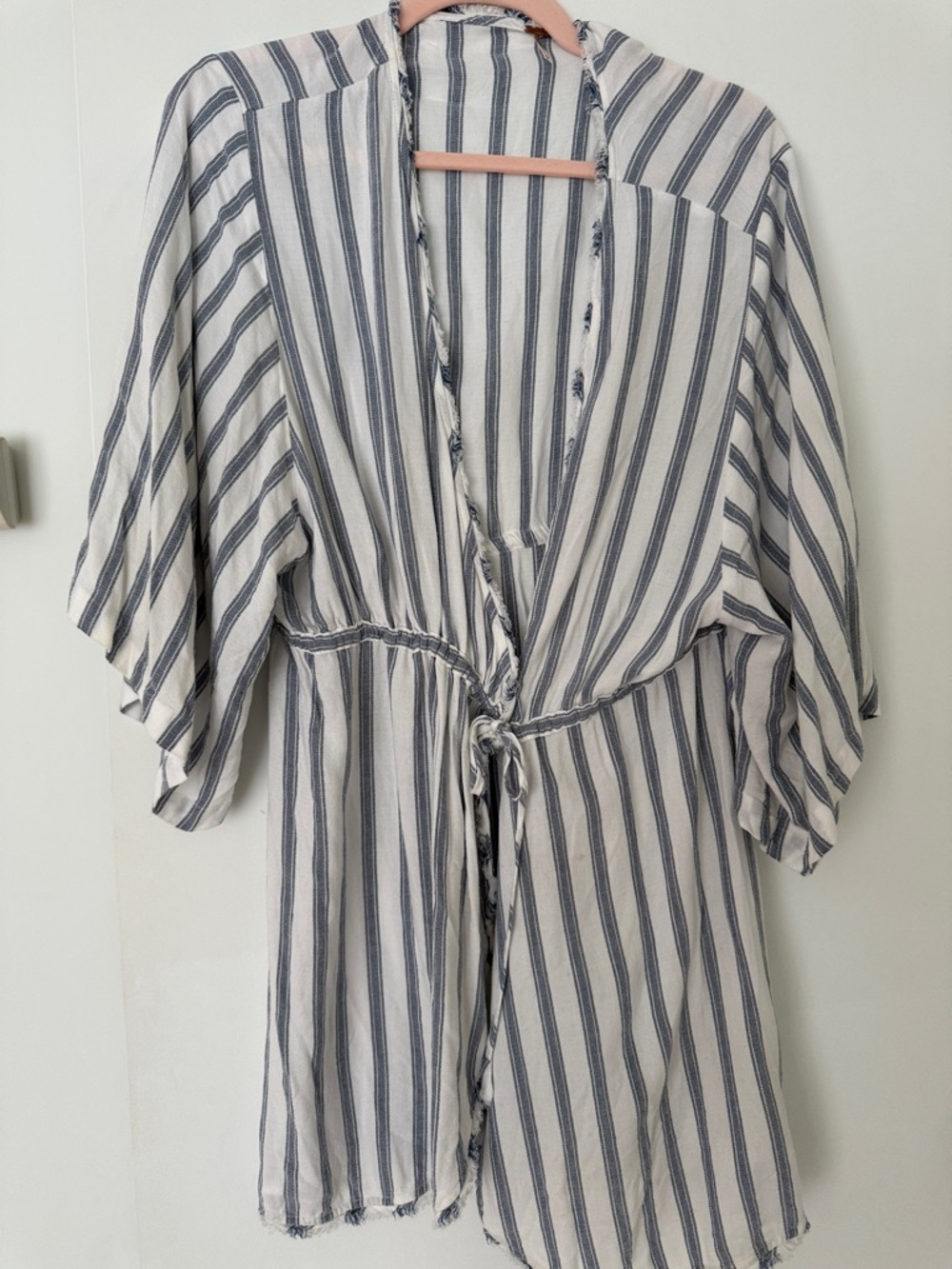 Free People White and Navy Striped Tie-Front Kimono